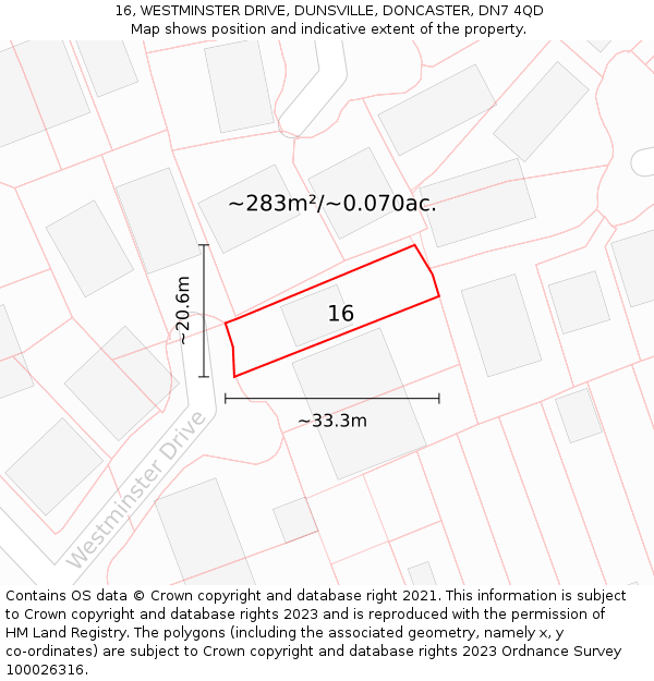 16, WESTMINSTER DRIVE, DUNSVILLE, DONCASTER, DN7 4QD: Plot and title map