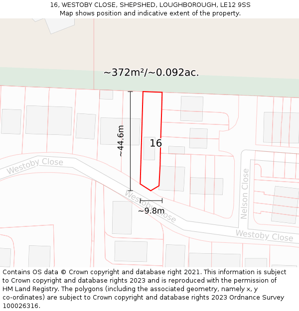 16, WESTOBY CLOSE, SHEPSHED, LOUGHBOROUGH, LE12 9SS: Plot and title map