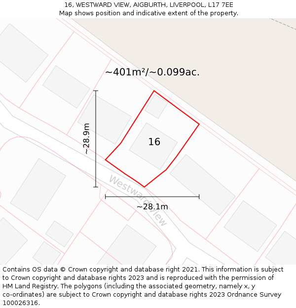 16, WESTWARD VIEW, AIGBURTH, LIVERPOOL, L17 7EE: Plot and title map