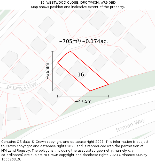 16, WESTWOOD CLOSE, DROITWICH, WR9 0BD: Plot and title map