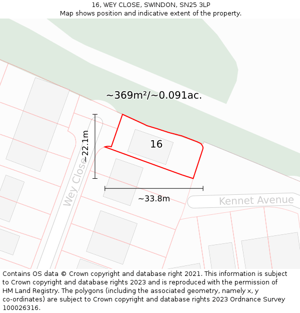 16, WEY CLOSE, SWINDON, SN25 3LP: Plot and title map