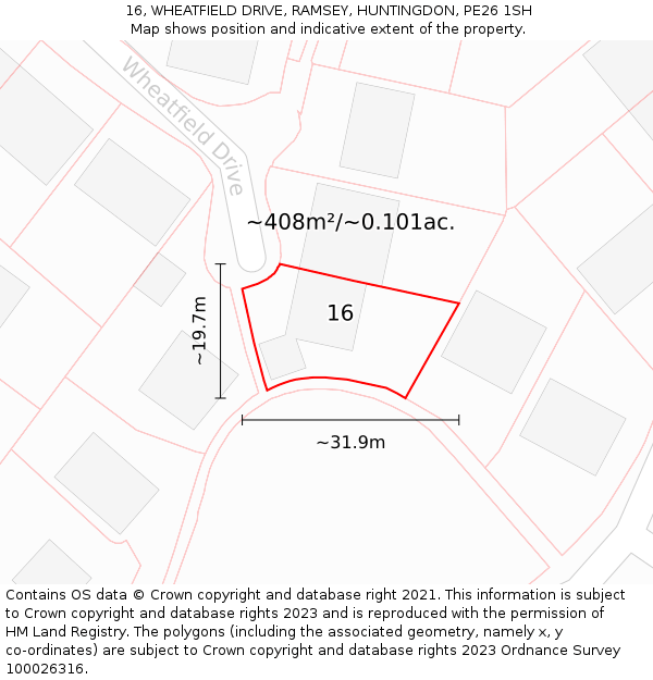 16, WHEATFIELD DRIVE, RAMSEY, HUNTINGDON, PE26 1SH: Plot and title map