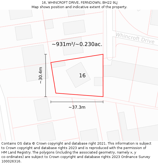 16, WHINCROFT DRIVE, FERNDOWN, BH22 9LJ: Plot and title map