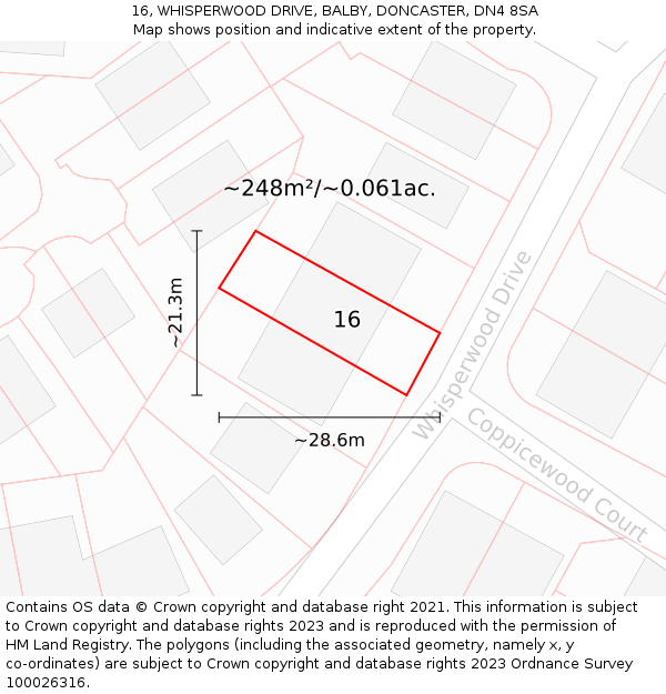 16, WHISPERWOOD DRIVE, BALBY, DONCASTER, DN4 8SA: Plot and title map