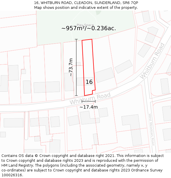 16, WHITBURN ROAD, CLEADON, SUNDERLAND, SR6 7QP: Plot and title map