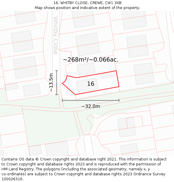 16, WHITBY CLOSE, CREWE, CW1 3XB: Plot and title map