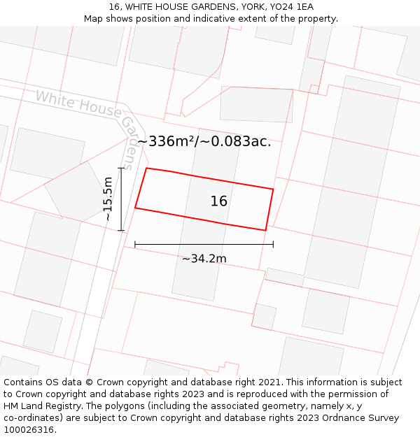 16, WHITE HOUSE GARDENS, YORK, YO24 1EA: Plot and title map