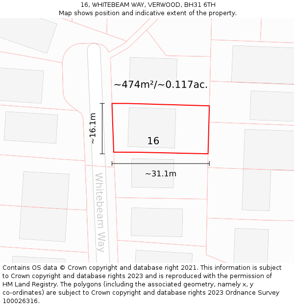 16, WHITEBEAM WAY, VERWOOD, BH31 6TH: Plot and title map