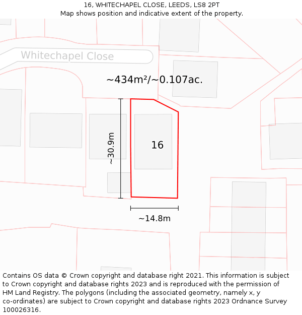 16, WHITECHAPEL CLOSE, LEEDS, LS8 2PT: Plot and title map