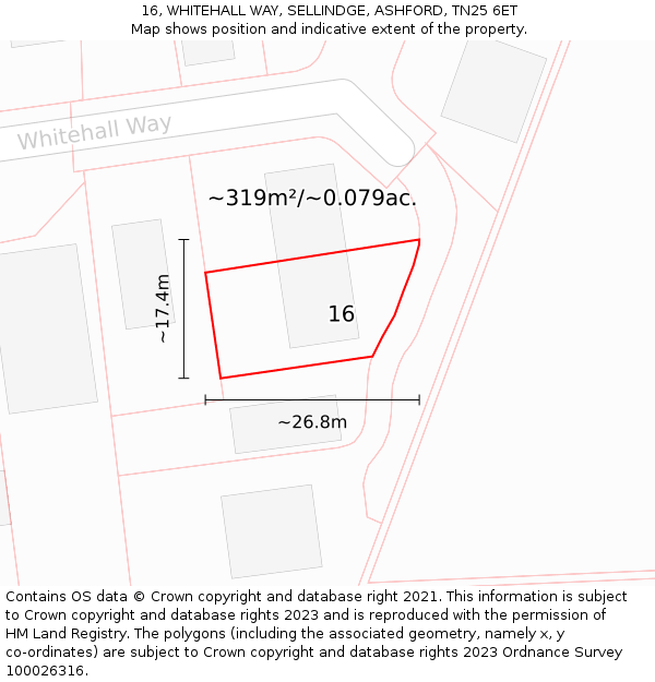 16, WHITEHALL WAY, SELLINDGE, ASHFORD, TN25 6ET: Plot and title map