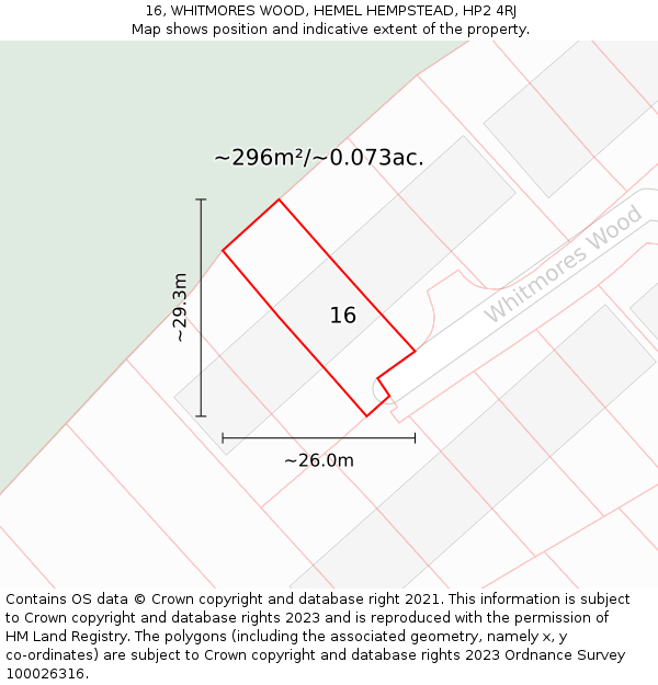 16, WHITMORES WOOD, HEMEL HEMPSTEAD, HP2 4RJ: Plot and title map