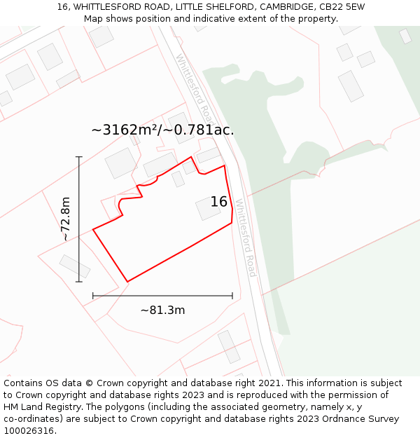 16, WHITTLESFORD ROAD, LITTLE SHELFORD, CAMBRIDGE, CB22 5EW: Plot and title map