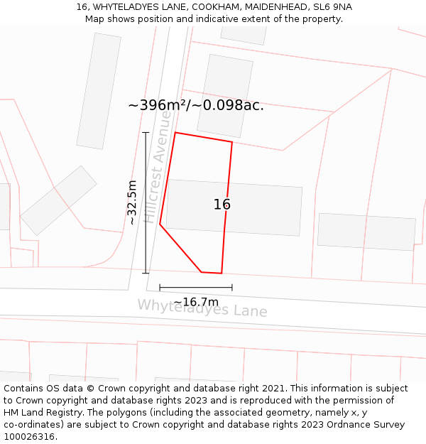 16, WHYTELADYES LANE, COOKHAM, MAIDENHEAD, SL6 9NA: Plot and title map