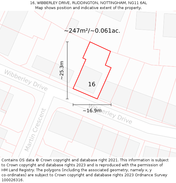 16, WIBBERLEY DRIVE, RUDDINGTON, NOTTINGHAM, NG11 6AL: Plot and title map