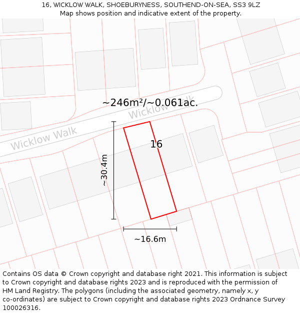 16, WICKLOW WALK, SHOEBURYNESS, SOUTHEND-ON-SEA, SS3 9LZ: Plot and title map