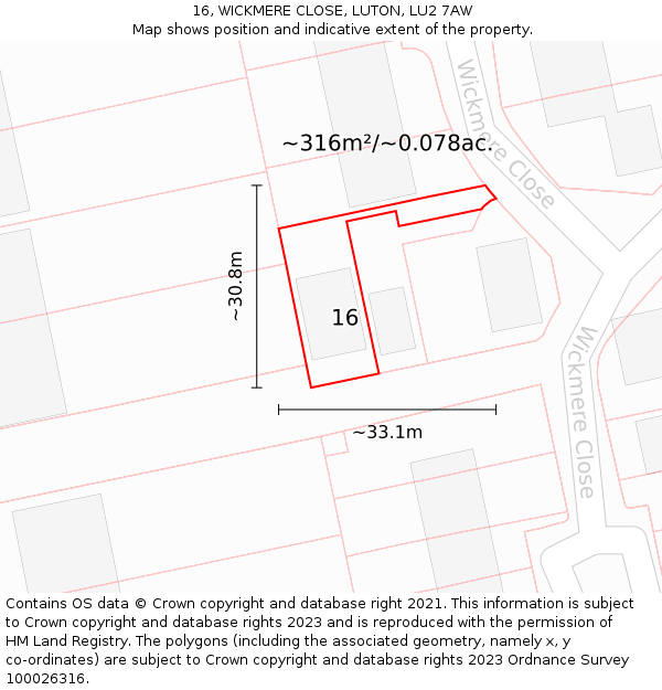 16, WICKMERE CLOSE, LUTON, LU2 7AW: Plot and title map