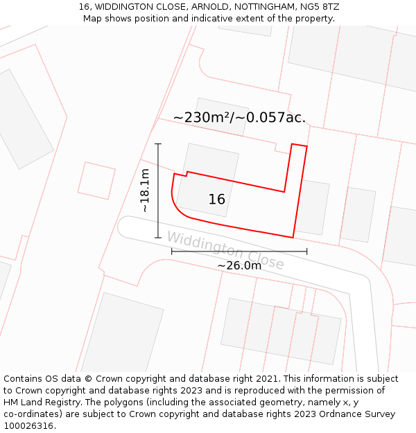 16, WIDDINGTON CLOSE, ARNOLD, NOTTINGHAM, NG5 8TZ: Plot and title map