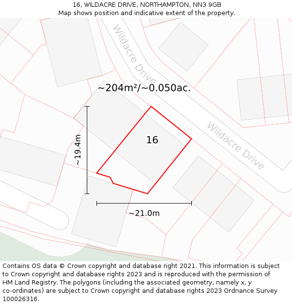 16, WILDACRE DRIVE, NORTHAMPTON, NN3 9GB: Plot and title map