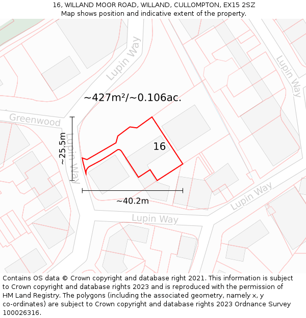 16, WILLAND MOOR ROAD, WILLAND, CULLOMPTON, EX15 2SZ: Plot and title map