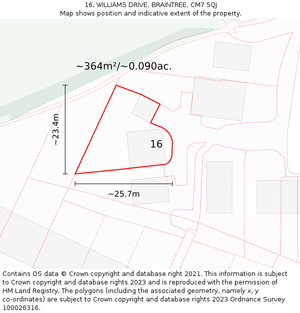 16, WILLIAMS DRIVE, BRAINTREE, CM7 5QJ: Plot and title map