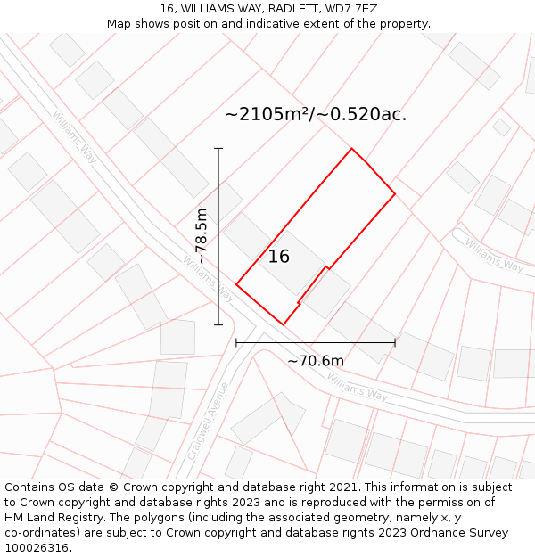 16, WILLIAMS WAY, RADLETT, WD7 7EZ: Plot and title map