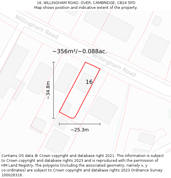 16, WILLINGHAM ROAD, OVER, CAMBRIDGE, CB24 5PD: Plot and title map