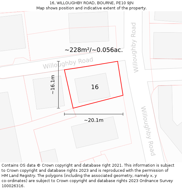 16, WILLOUGHBY ROAD, BOURNE, PE10 9JN: Plot and title map