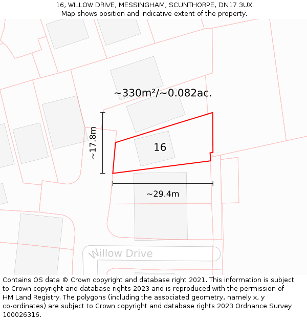 16, WILLOW DRIVE, MESSINGHAM, SCUNTHORPE, DN17 3UX: Plot and title map