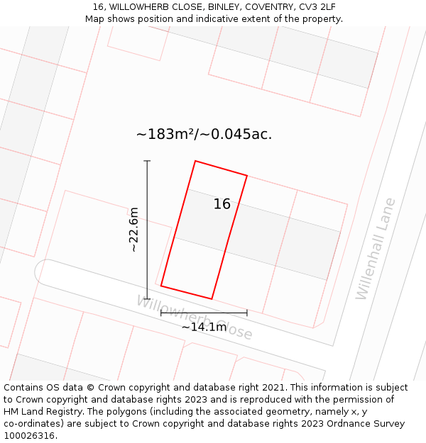 16, WILLOWHERB CLOSE, BINLEY, COVENTRY, CV3 2LF: Plot and title map