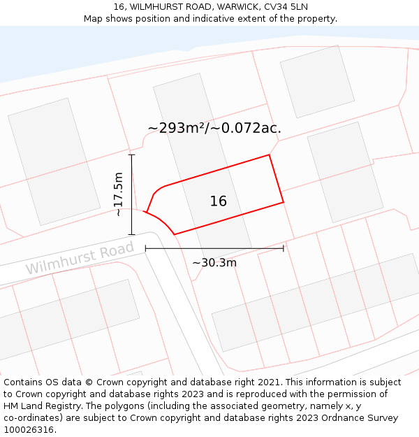 16, WILMHURST ROAD, WARWICK, CV34 5LN: Plot and title map