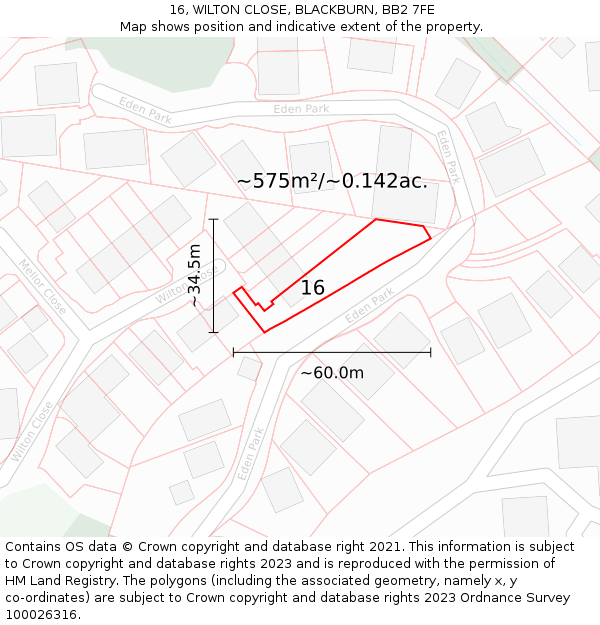 16, WILTON CLOSE, BLACKBURN, BB2 7FE: Plot and title map