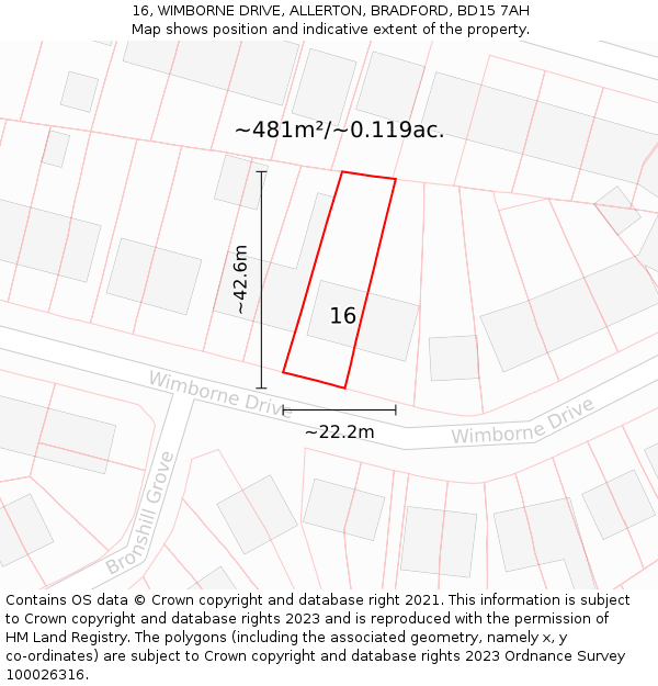 16, WIMBORNE DRIVE, ALLERTON, BRADFORD, BD15 7AH: Plot and title map