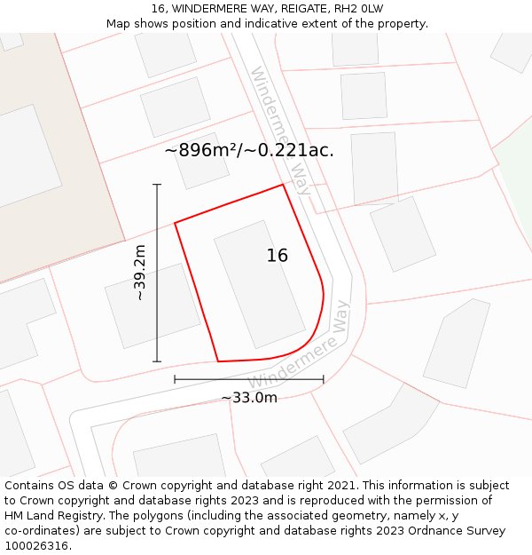 16, WINDERMERE WAY, REIGATE, RH2 0LW: Plot and title map