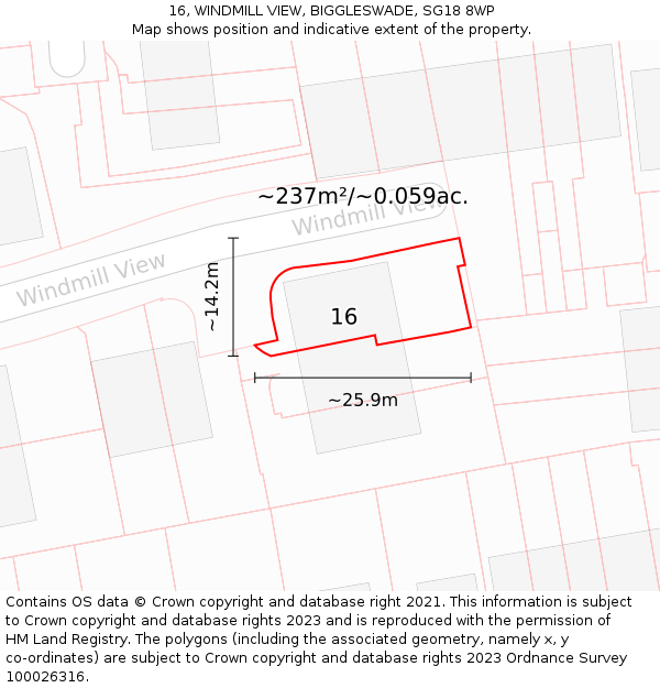 16, WINDMILL VIEW, BIGGLESWADE, SG18 8WP: Plot and title map