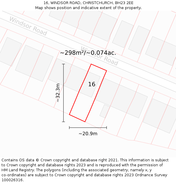 16, WINDSOR ROAD, CHRISTCHURCH, BH23 2EE: Plot and title map