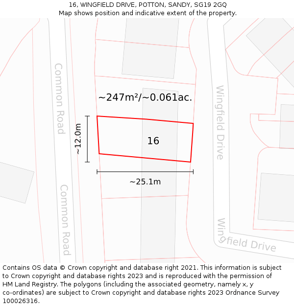 16, WINGFIELD DRIVE, POTTON, SANDY, SG19 2GQ: Plot and title map