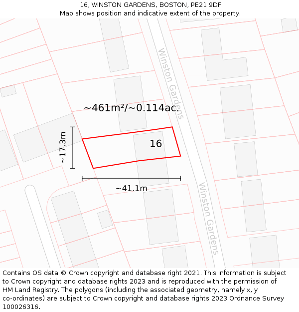 16, WINSTON GARDENS, BOSTON, PE21 9DF: Plot and title map