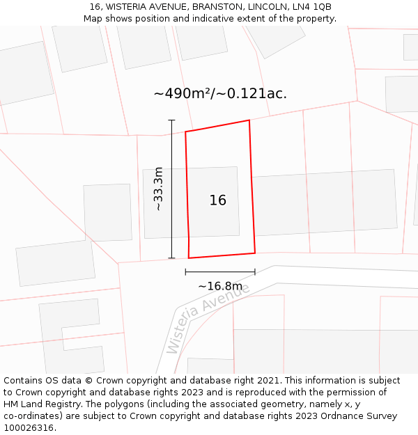 16, WISTERIA AVENUE, BRANSTON, LINCOLN, LN4 1QB: Plot and title map