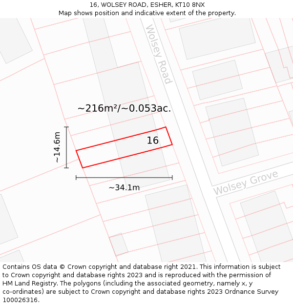 16, WOLSEY ROAD, ESHER, KT10 8NX: Plot and title map