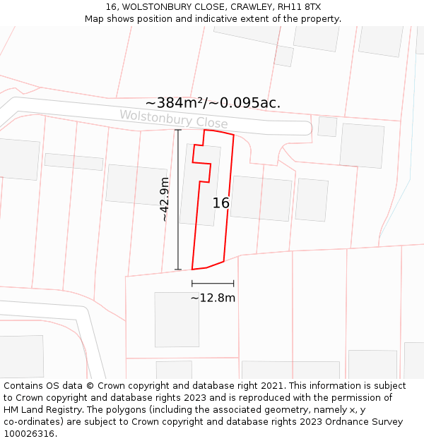 16, WOLSTONBURY CLOSE, CRAWLEY, RH11 8TX: Plot and title map