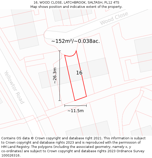 16, WOOD CLOSE, LATCHBROOK, SALTASH, PL12 4TS: Plot and title map