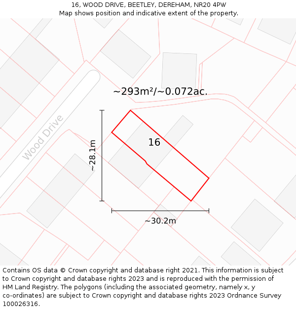 16, WOOD DRIVE, BEETLEY, DEREHAM, NR20 4PW: Plot and title map