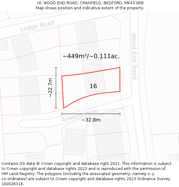 16, WOOD END ROAD, CRANFIELD, BEDFORD, MK43 0EB: Plot and title map