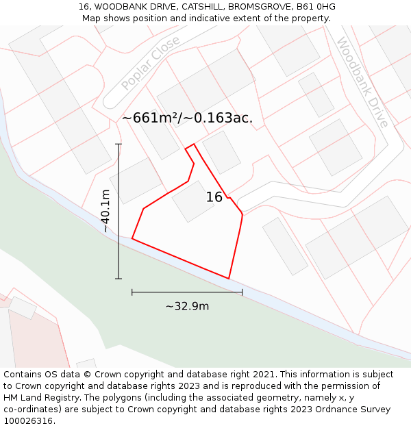 16, WOODBANK DRIVE, CATSHILL, BROMSGROVE, B61 0HG: Plot and title map