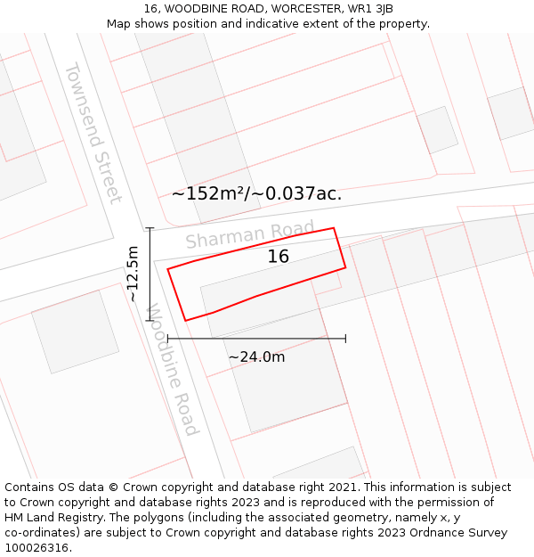 16, WOODBINE ROAD, WORCESTER, WR1 3JB: Plot and title map