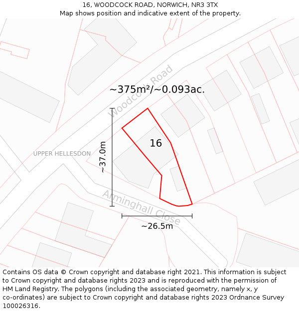 16, WOODCOCK ROAD, NORWICH, NR3 3TX: Plot and title map