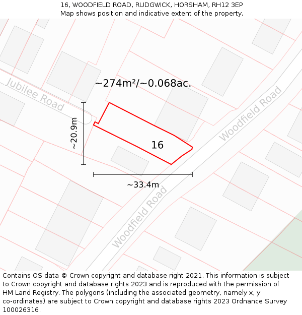 16, WOODFIELD ROAD, RUDGWICK, HORSHAM, RH12 3EP: Plot and title map