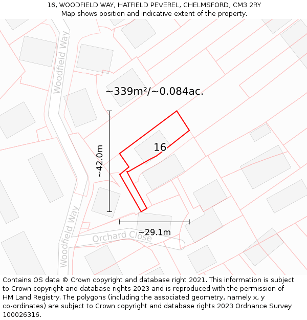 16, WOODFIELD WAY, HATFIELD PEVEREL, CHELMSFORD, CM3 2RY: Plot and title map