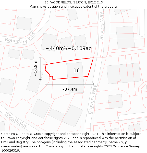 16, WOODFIELDS, SEATON, EX12 2UX: Plot and title map