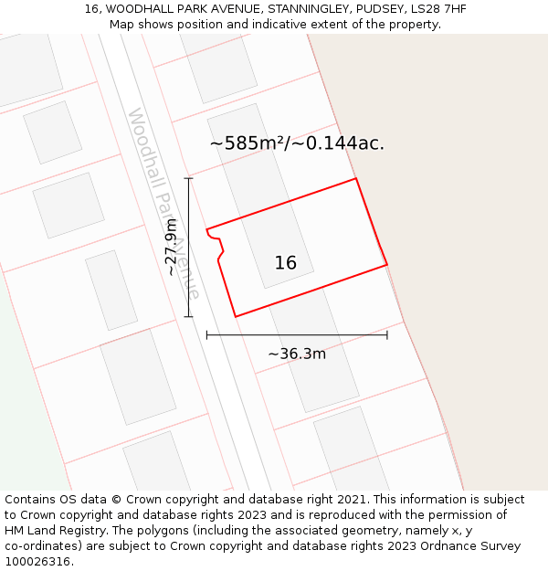 16, WOODHALL PARK AVENUE, STANNINGLEY, PUDSEY, LS28 7HF: Plot and title map